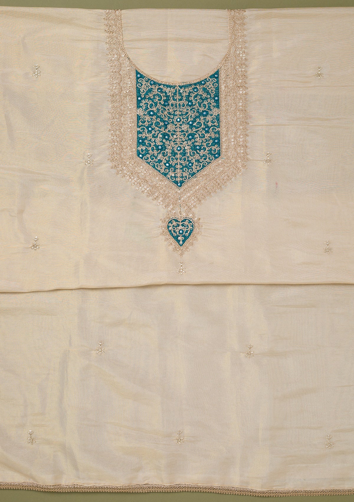 Beige Zariwork Tissue Unstitched Salwar Suit-koskii
