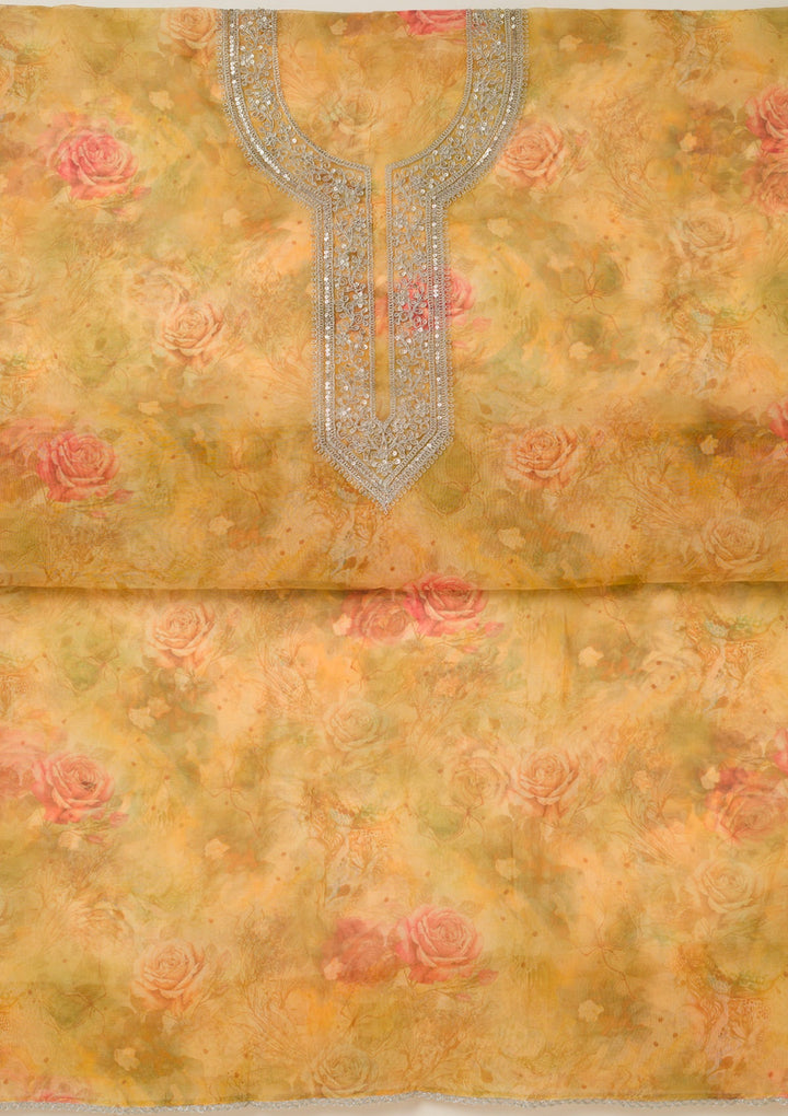 Mustard Zariwork Organza Unstitched Salwar Suit-koskii