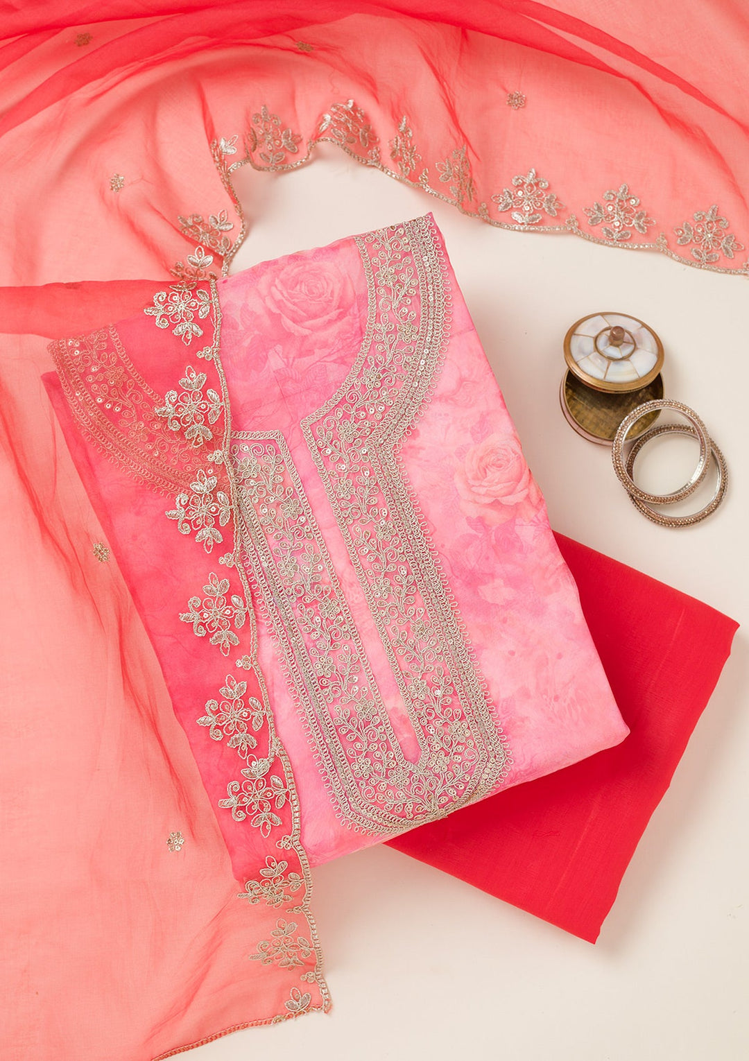 Pink Zariwork Organza Unstitched Salwar Suit-koskii