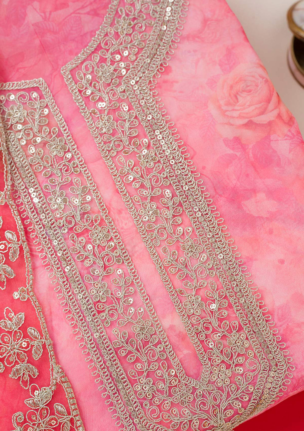 Pink Zariwork Organza Unstitched Salwar Suit-koskii