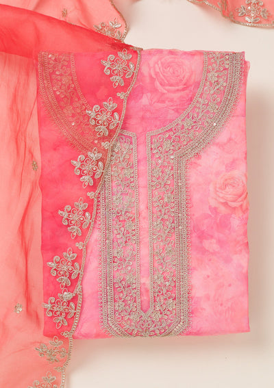 Pink Zariwork Organza Unstitched Salwar Suit-koskii