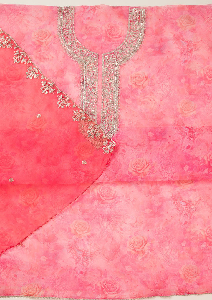 Pink Zariwork Organza Unstitched Salwar Suit-koskii