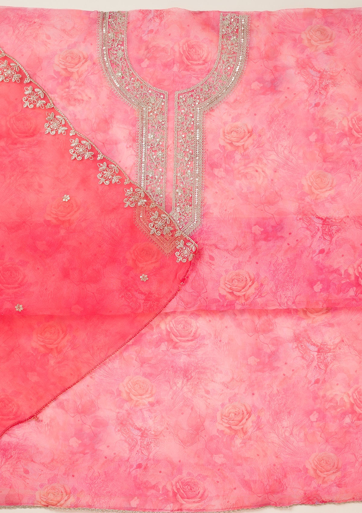 Pink Zariwork Organza Unstitched Salwar Suit-koskii
