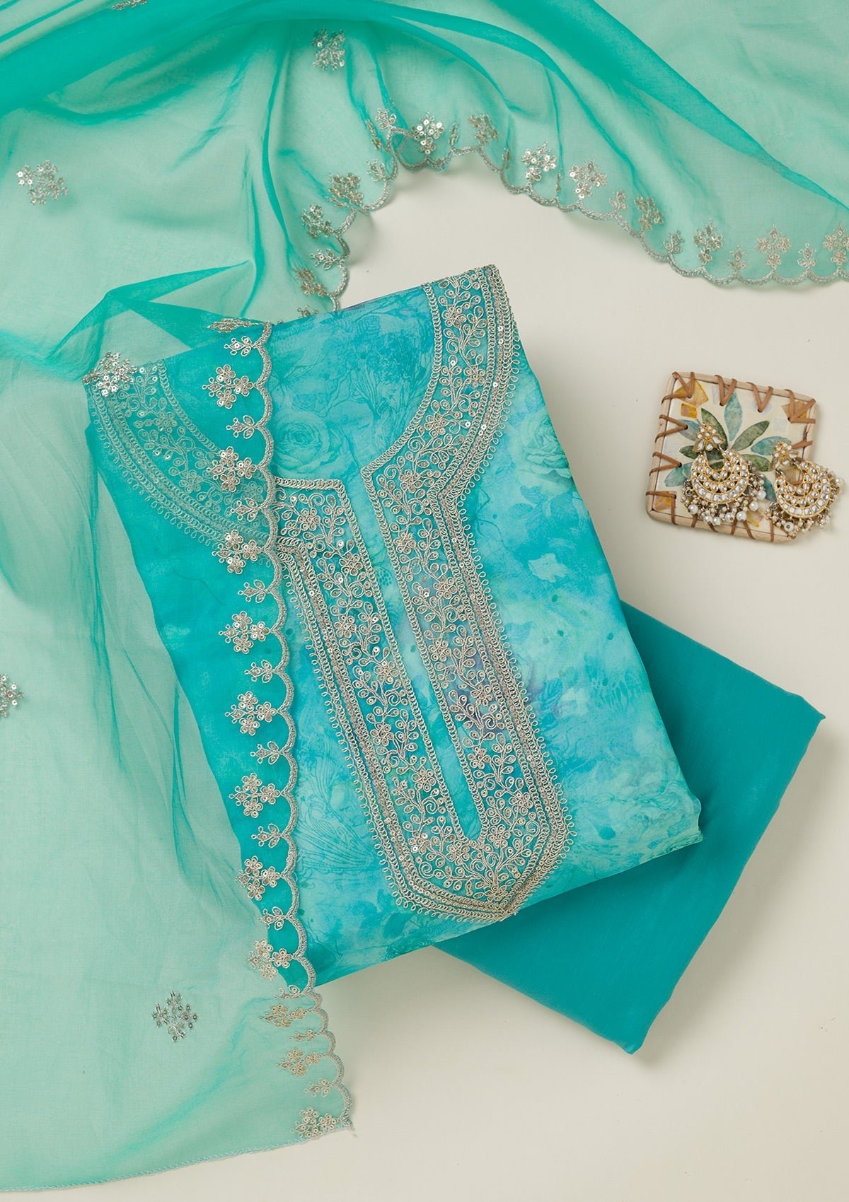 Sea Green Zariwork Organza Unstitched Salwar Suit-koskii