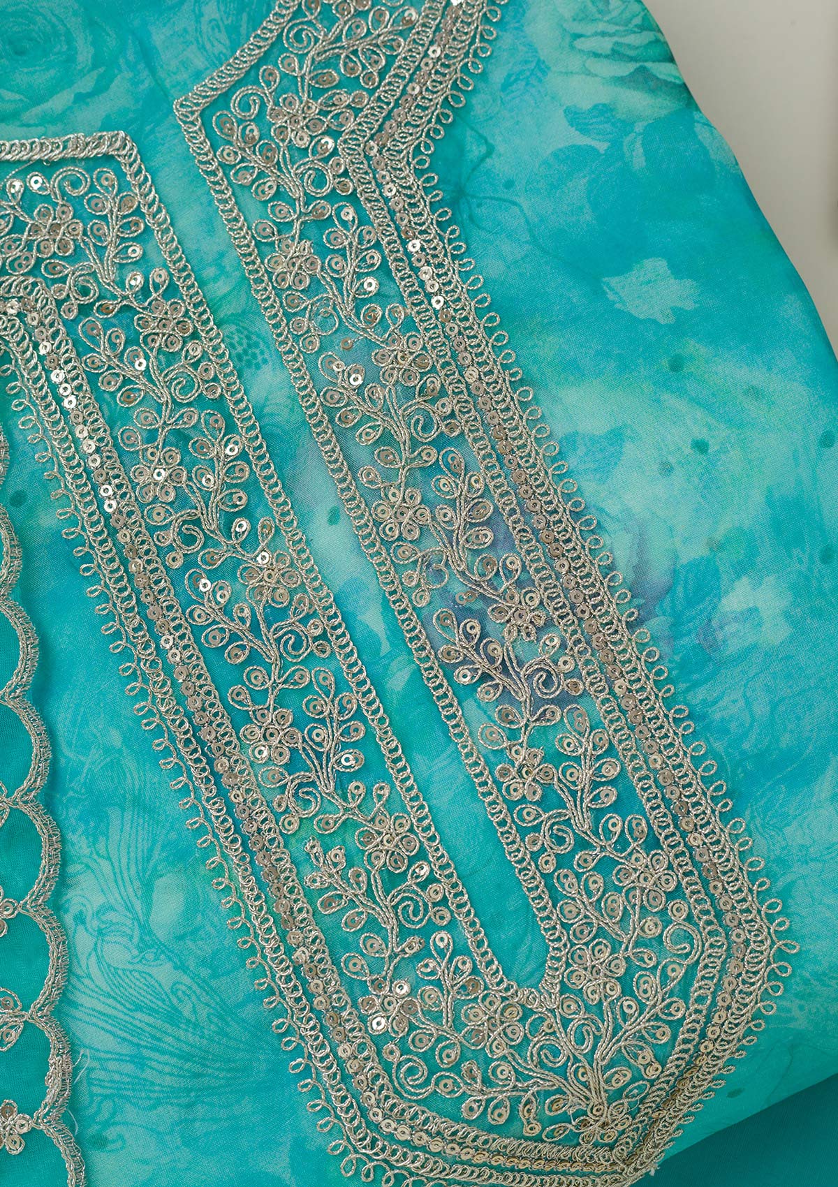 Sea Green Zariwork Organza Unstitched Salwar Suit-koskii