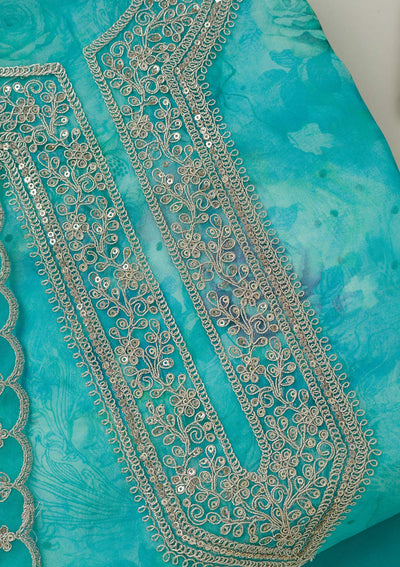 Sea Green Zariwork Organza Unstitched Salwar Suit-koskii