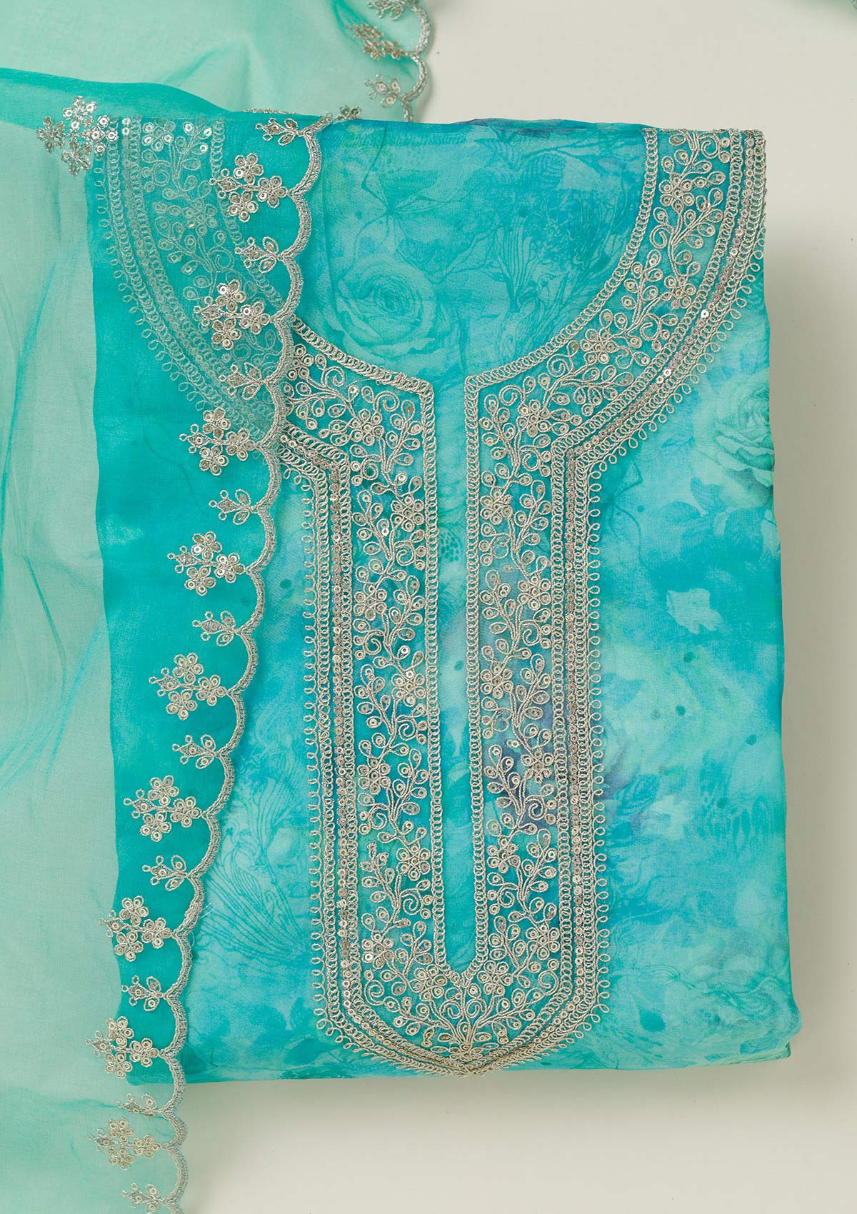 Sea Green Zariwork Organza Unstitched Salwar Suit-koskii