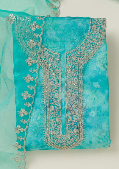 Sea Green Zariwork Organza Unstitched Salwar Suit-koskii