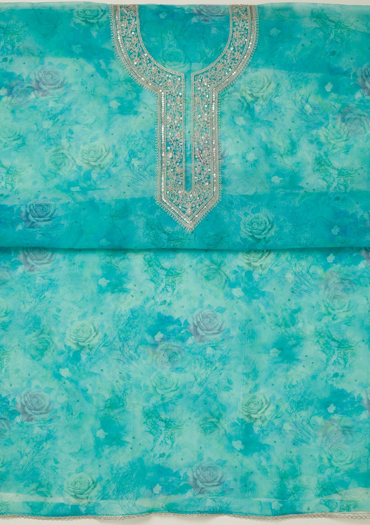 Sea Green Zariwork Organza Unstitched Salwar Suit-koskii