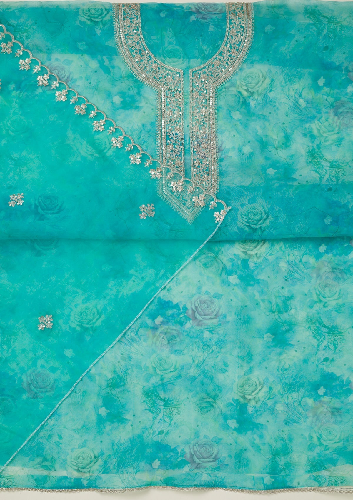 Sea Green Zariwork Organza Unstitched Salwar Suit-koskii