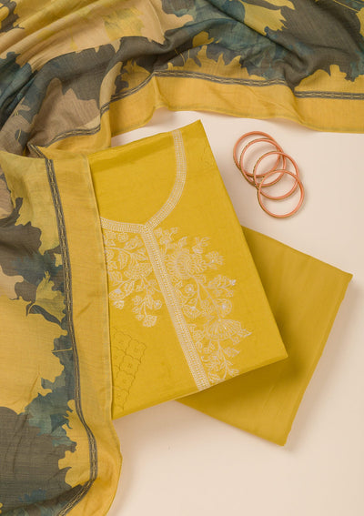 Mustard Zariwork Art Silk Unstitched Salwar Suit- koskii