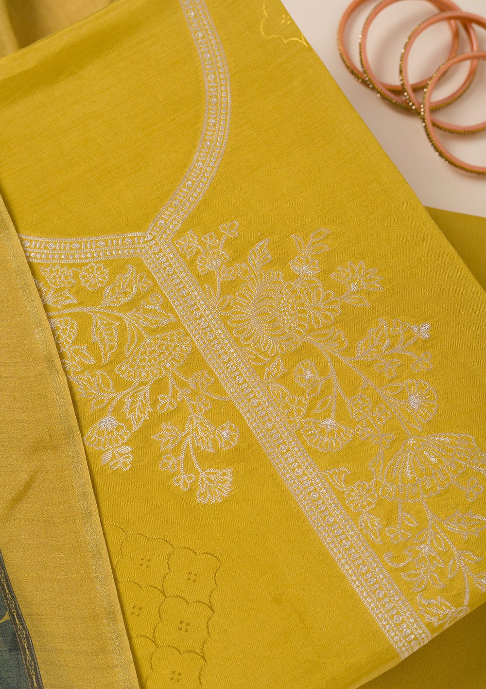 Mustard Zariwork Art Silk Unstitched Salwar Suit- koskii