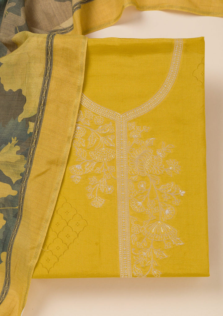Mustard Zariwork Art Silk Unstitched Salwar Suit- koskii