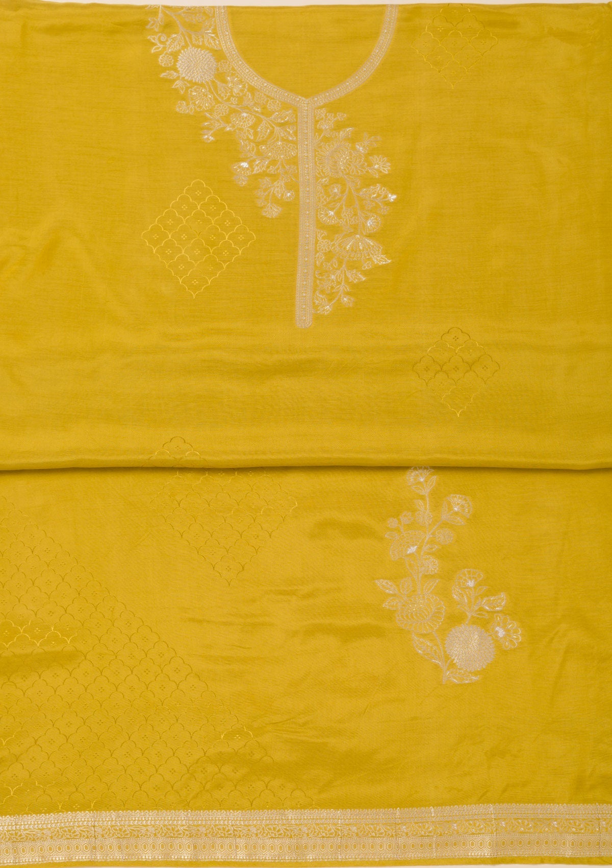 Mustard Zariwork Art Silk Unstitched Salwar Suit- koskii