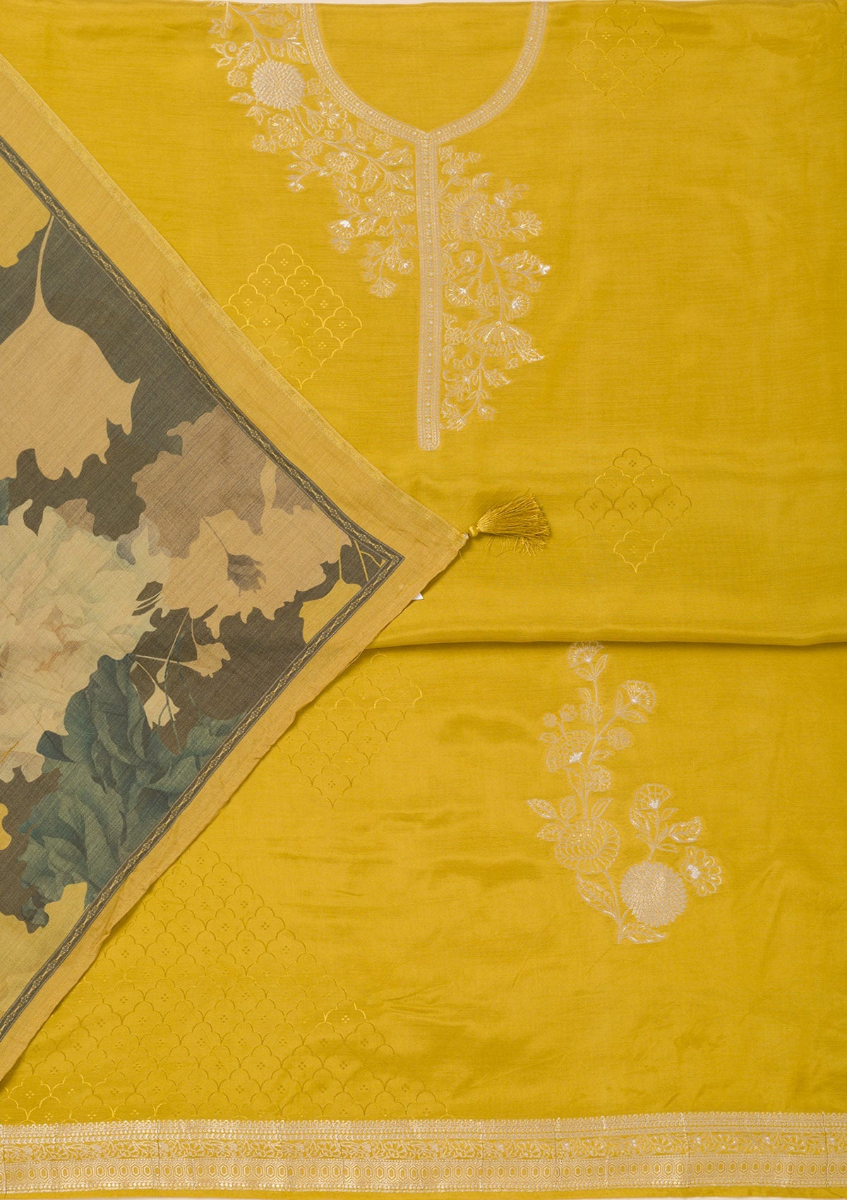 Mustard Zariwork Art Silk Unstitched Salwar Suit- koskii