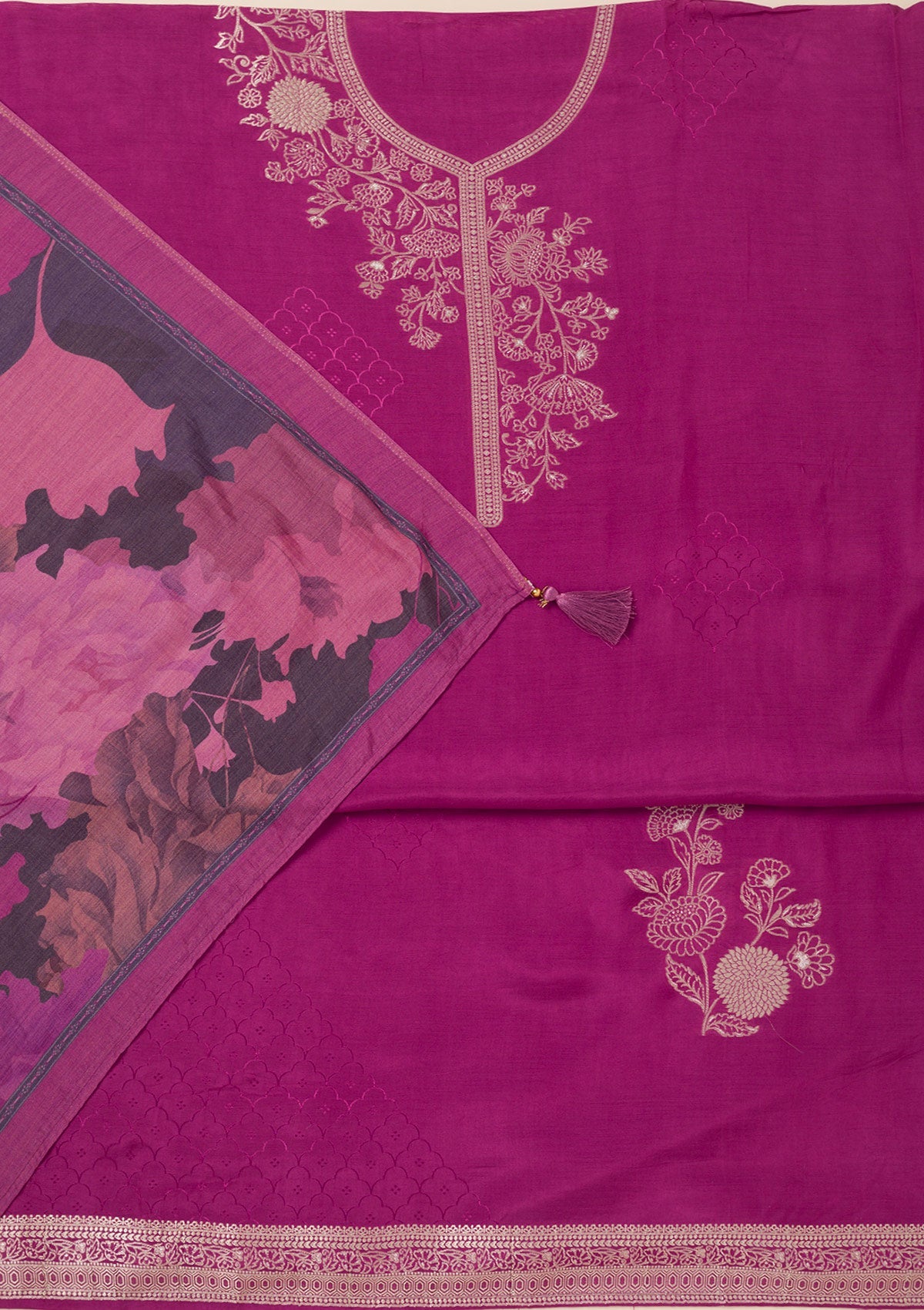 Purple Zariwork Art Silk Unstitched Salwar Suit- koskii