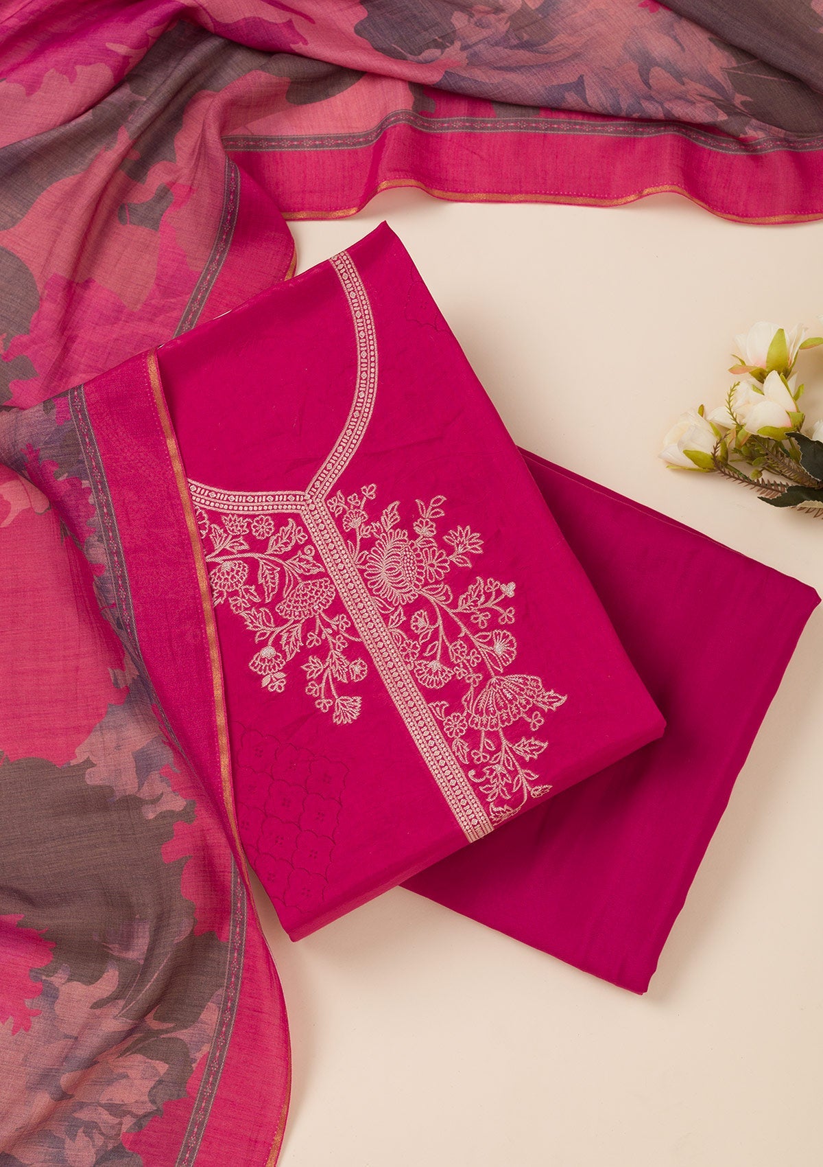 Rani Pink Zariwork Art Silk Unstitched Salwar Suit- koskii