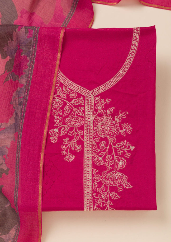 Rani Pink Zariwork Art Silk Unstitched Salwar Suit- koskii