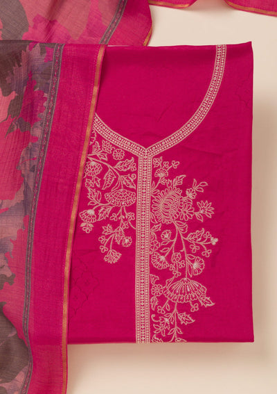 Rani Pink Zariwork Art Silk Unstitched Salwar Suit- koskii