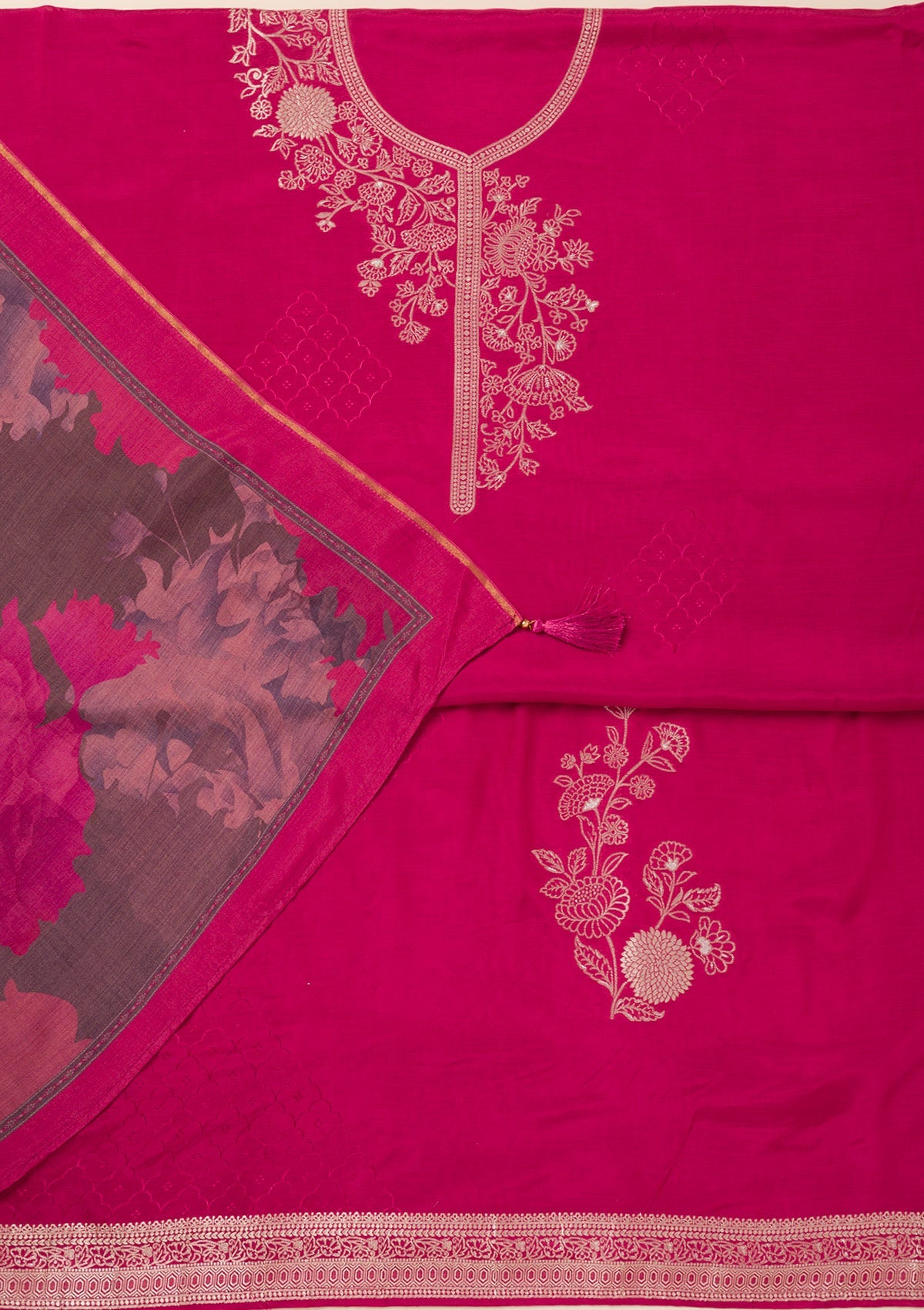 Rani Pink Zariwork Art Silk Unstitched Salwar Suit- koskii