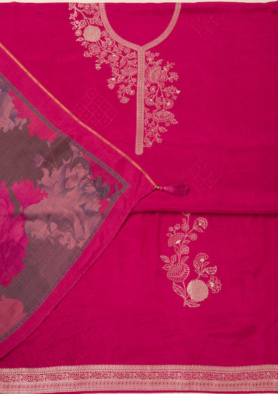 Rani Pink Zariwork Art Silk Unstitched Salwar Suit- koskii