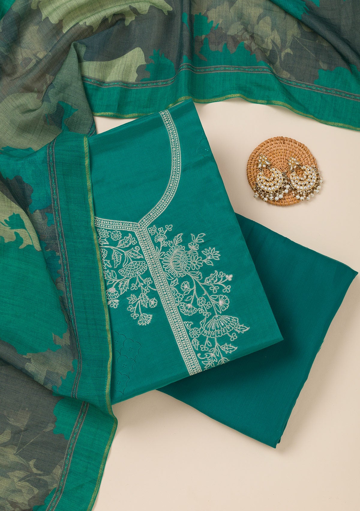 Sea Green Zariwork Art Silk Unstitched Salwar Suit- koskii