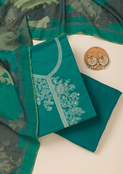 Sea Green Zariwork Art Silk Unstitched Salwar Suit- koskii
