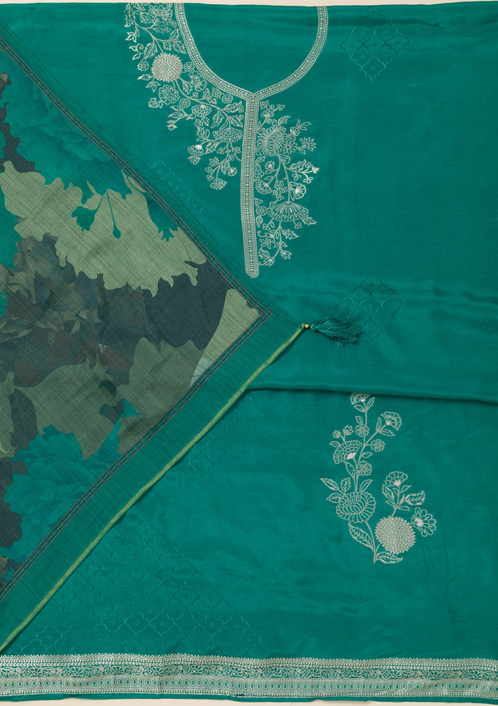 Sea Green Zariwork Art Silk Unstitched Salwar Suit- koskii