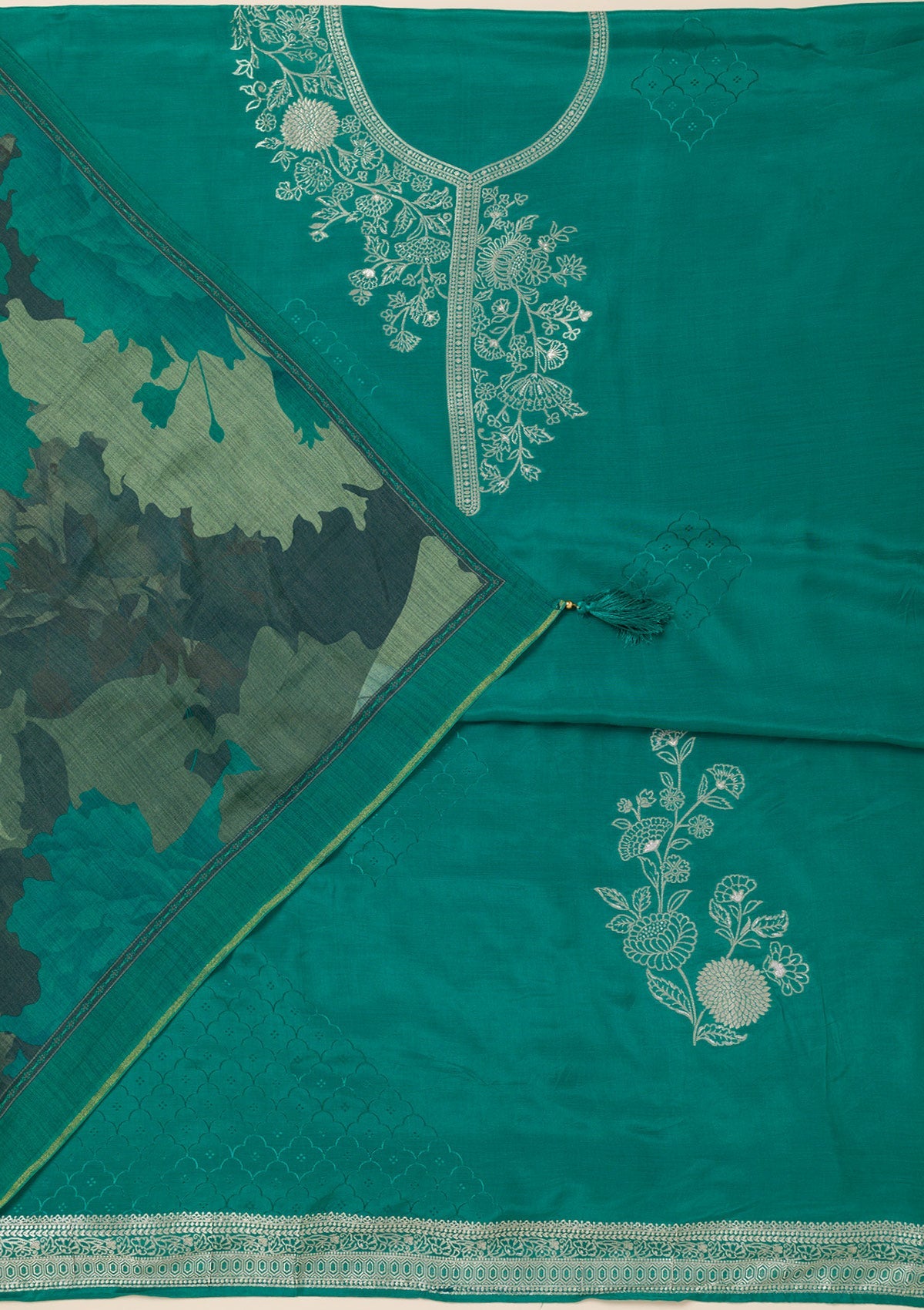 Sea Green Zariwork Art Silk Unstitched Salwar Suit- koskii