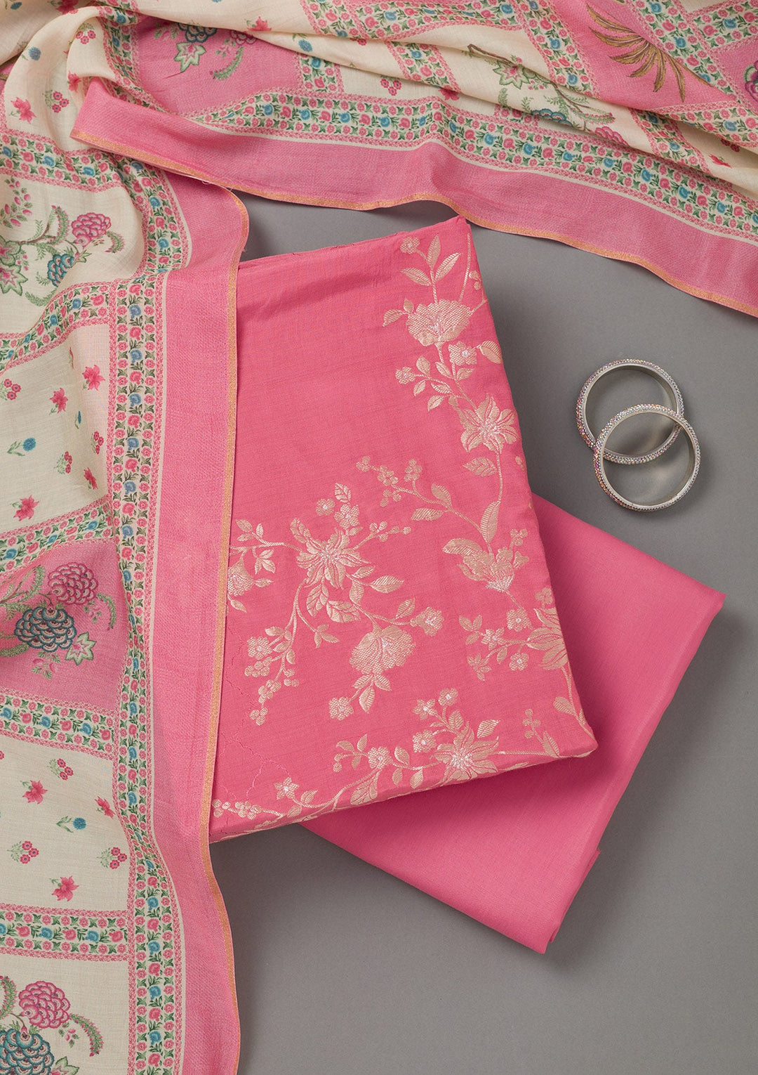 Pink Zariwork Art Silk Unstitched Salwar Suit- koskii