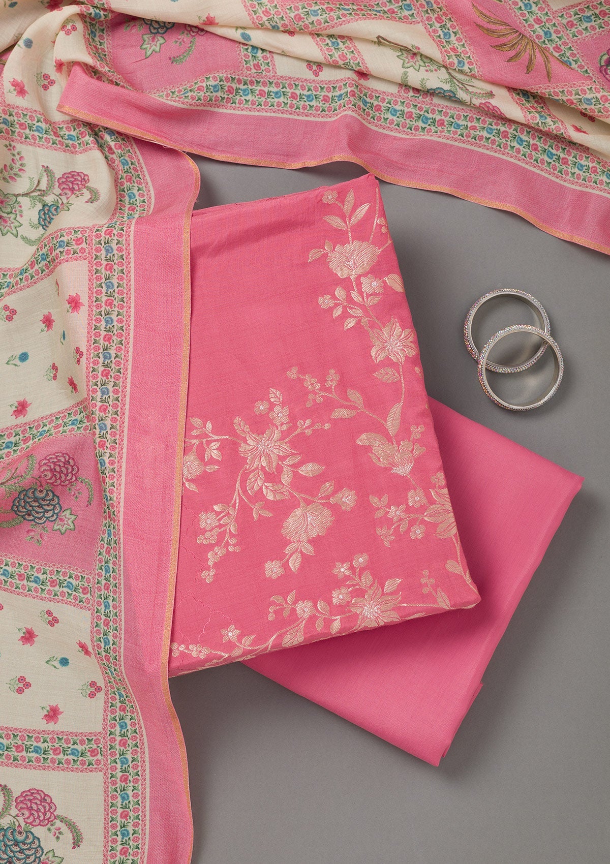 Pink Zariwork Art Silk Unstitched Salwar Suit- koskii