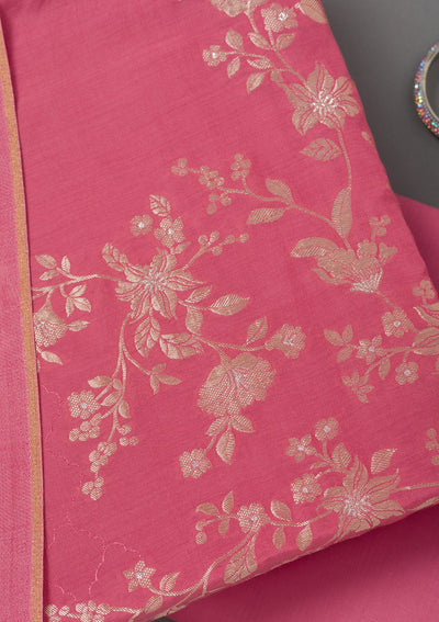 Pink Zariwork Art Silk Unstitched Salwar Suit- koskii