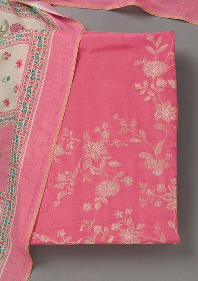 Pink Zariwork Art Silk Unstitched Salwar Suit- koskii