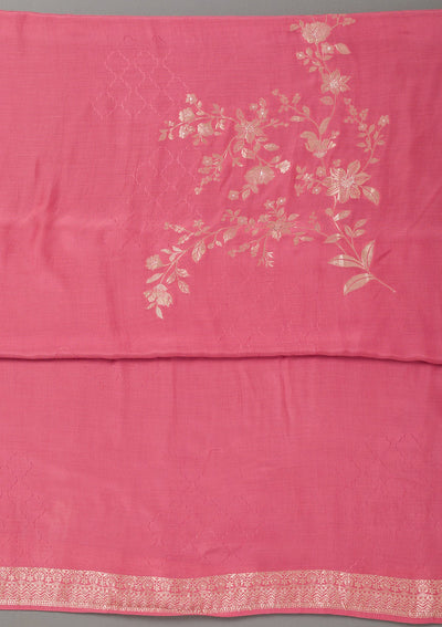 Pink Zariwork Art Silk Unstitched Salwar Suit- koskii