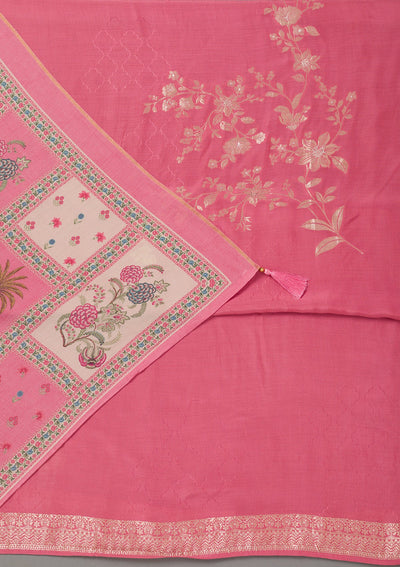 Pink Zariwork Art Silk Unstitched Salwar Suit- koskii