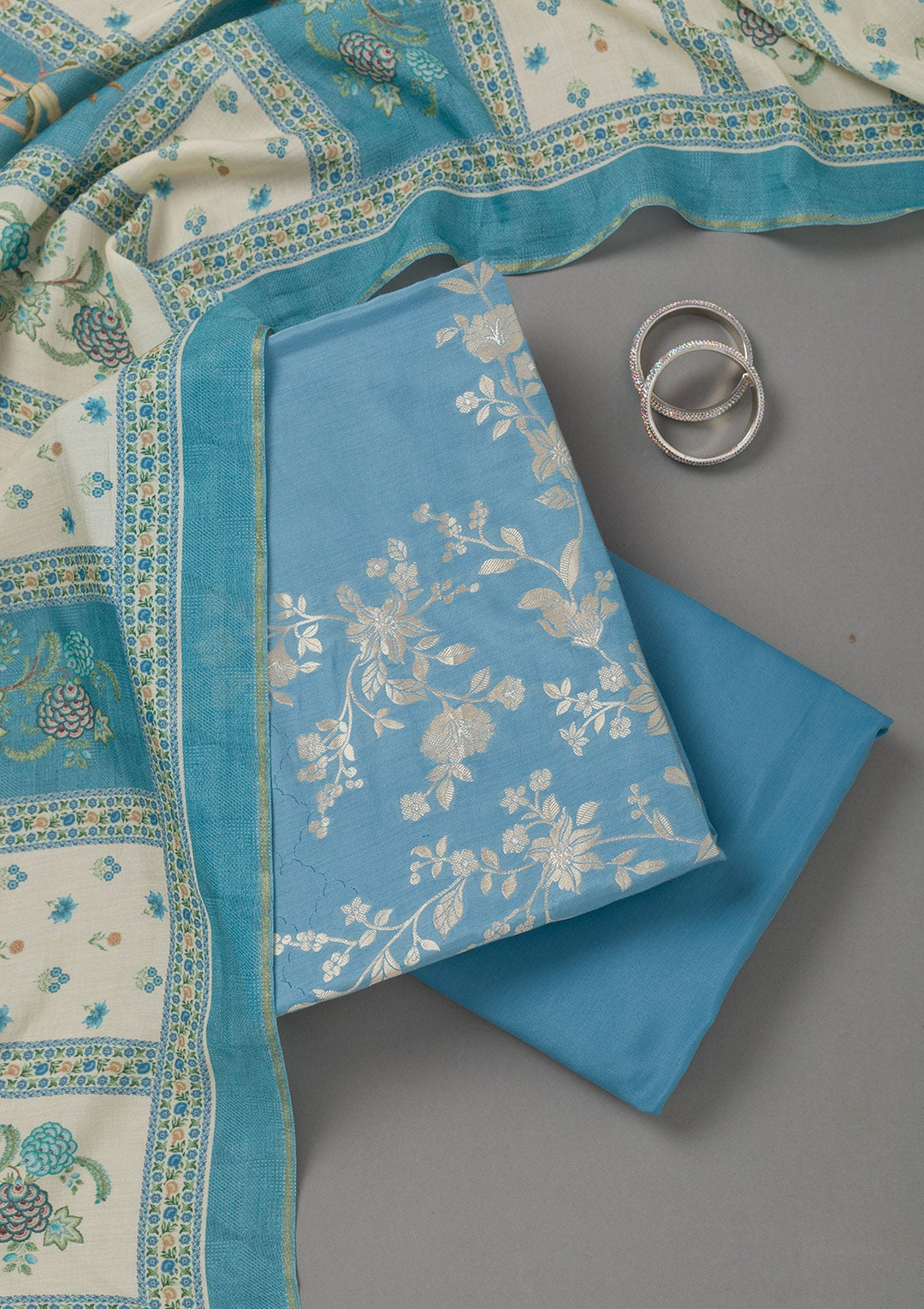 Sky Blue Zariwork Art Silk Unstitched Salwar Suit- koskii