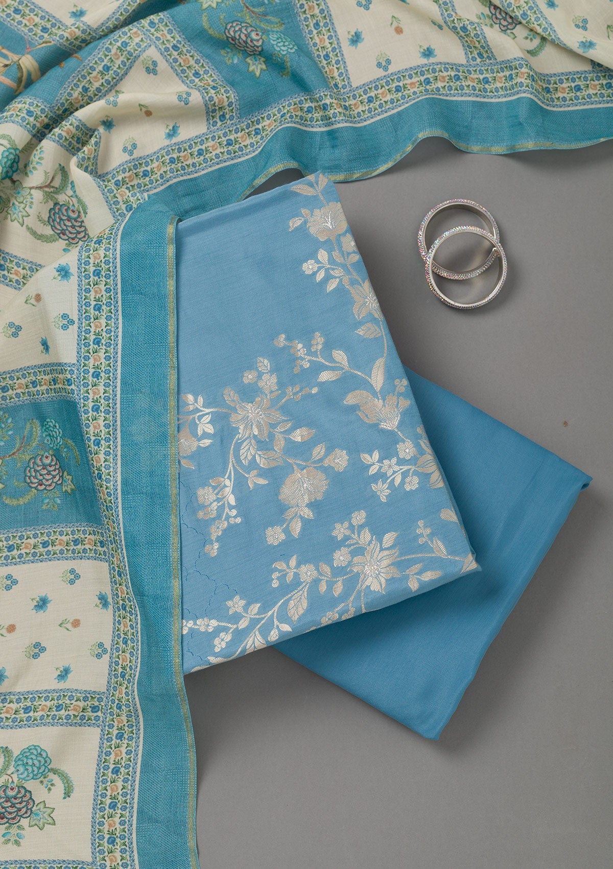 Sky Blue Zariwork Art Silk Unstitched Salwar Suit- koskii
