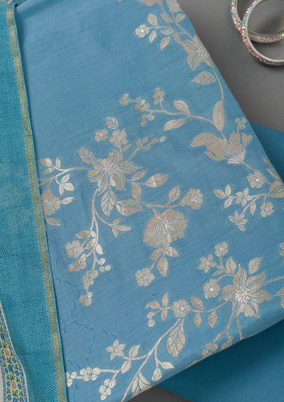 Sky Blue Zariwork Art Silk Unstitched Salwar Suit- koskii