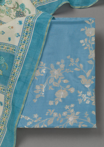 Sky Blue Zariwork Art Silk Unstitched Salwar Suit- koskii