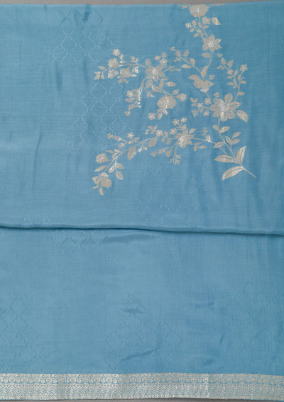 Sky Blue Zariwork Art Silk Unstitched Salwar Suit- koskii