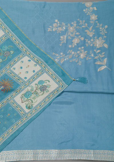 Sky Blue Zariwork Art Silk Unstitched Salwar Suit- koskii