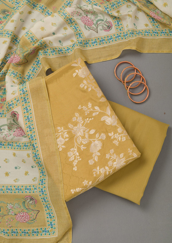 Mustard Yellow Zariwork Art Silk Unstitched Salwar Suit- koskii