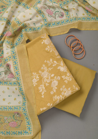 Mustard Yellow Zariwork Art Silk Unstitched Salwar Suit- koskii