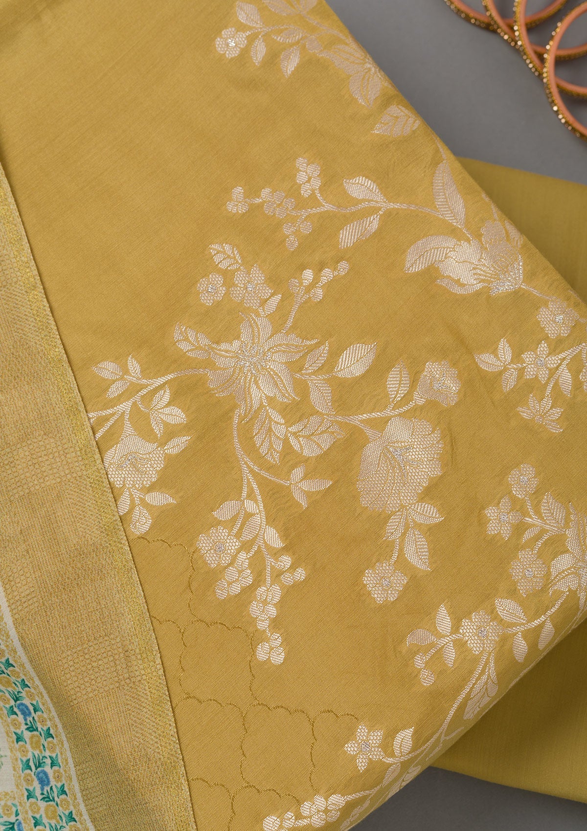 Mustard Yellow Zariwork Art Silk Unstitched Salwar Suit- koskii