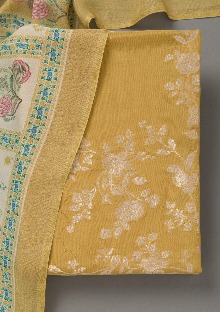 Mustard Yellow Zariwork Art Silk Unstitched Salwar Suit- koskii