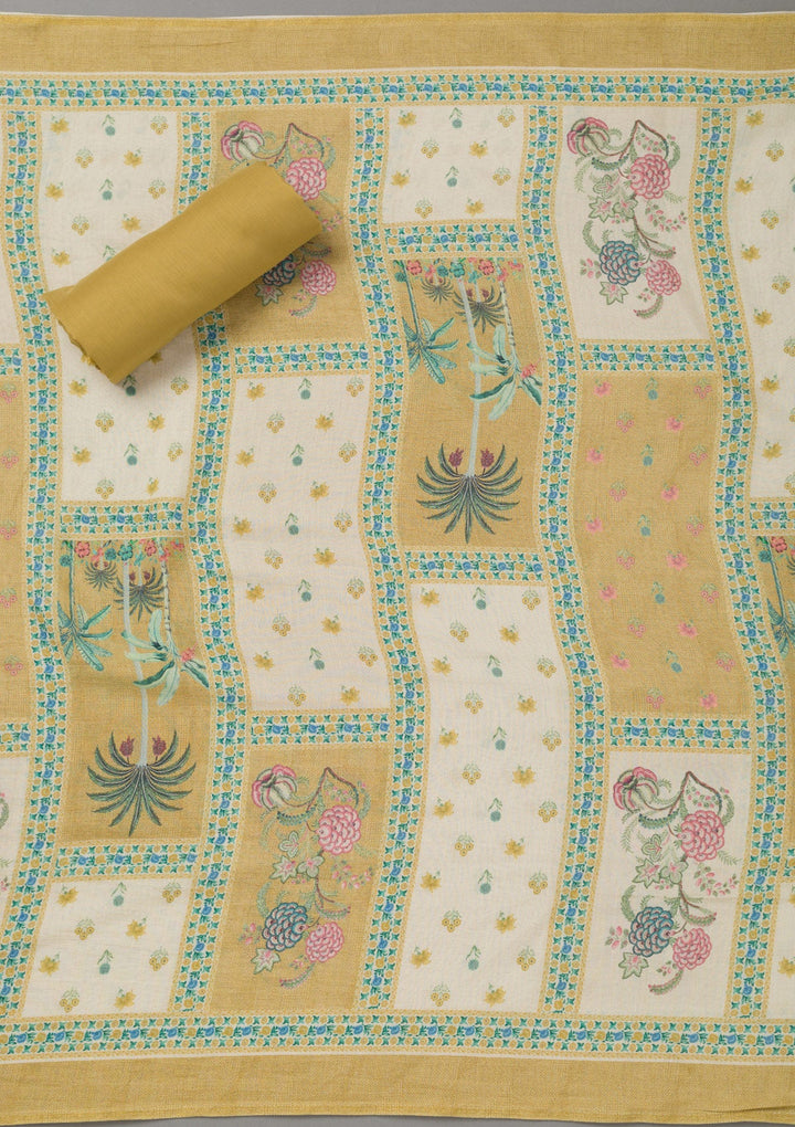Mustard Yellow Zariwork Art Silk Unstitched Salwar Suit- koskii