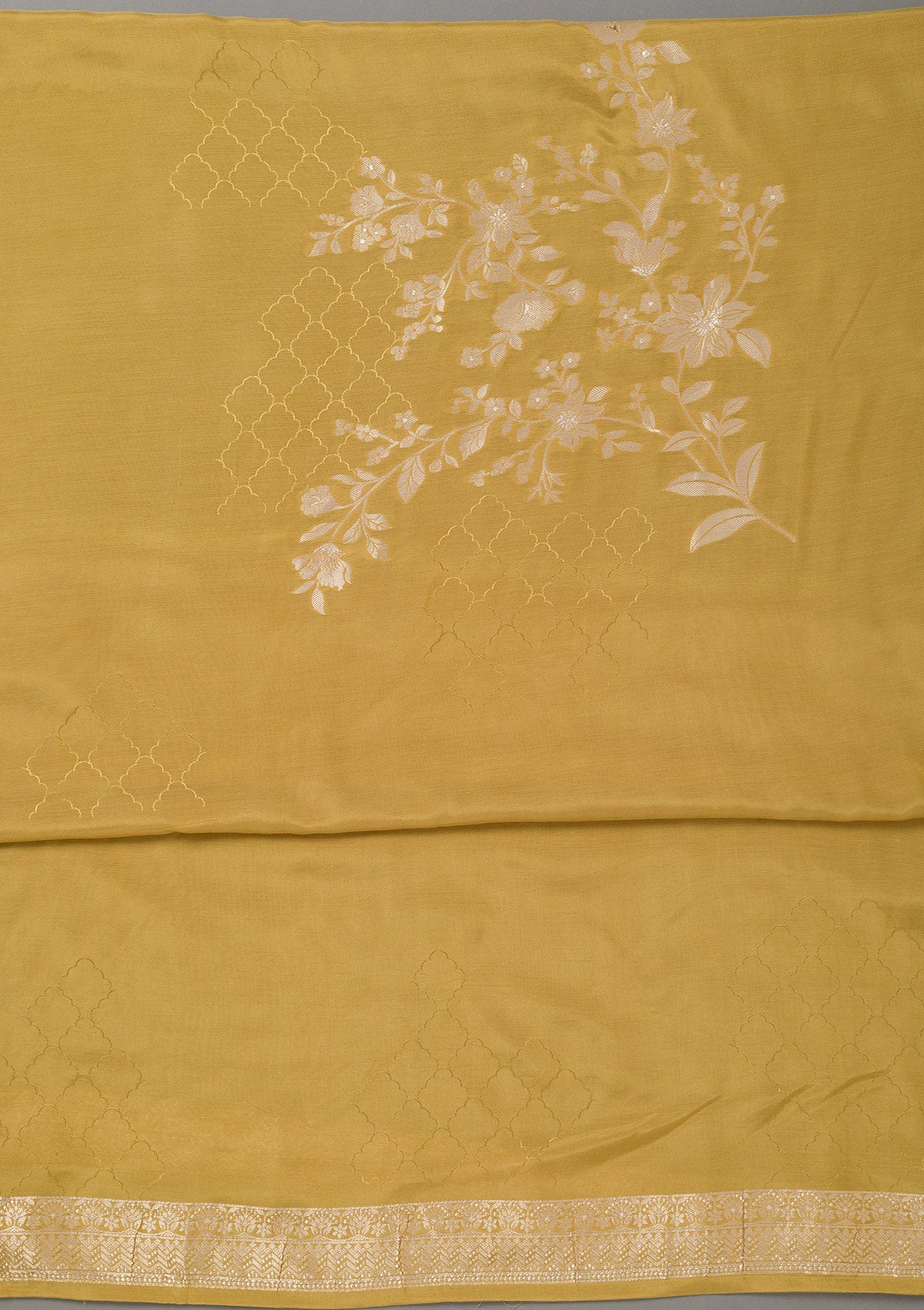 Mustard Yellow Zariwork Art Silk Unstitched Salwar Suit- koskii