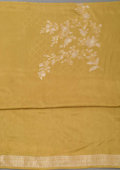 Mustard Yellow Zariwork Art Silk Unstitched Salwar Suit- koskii