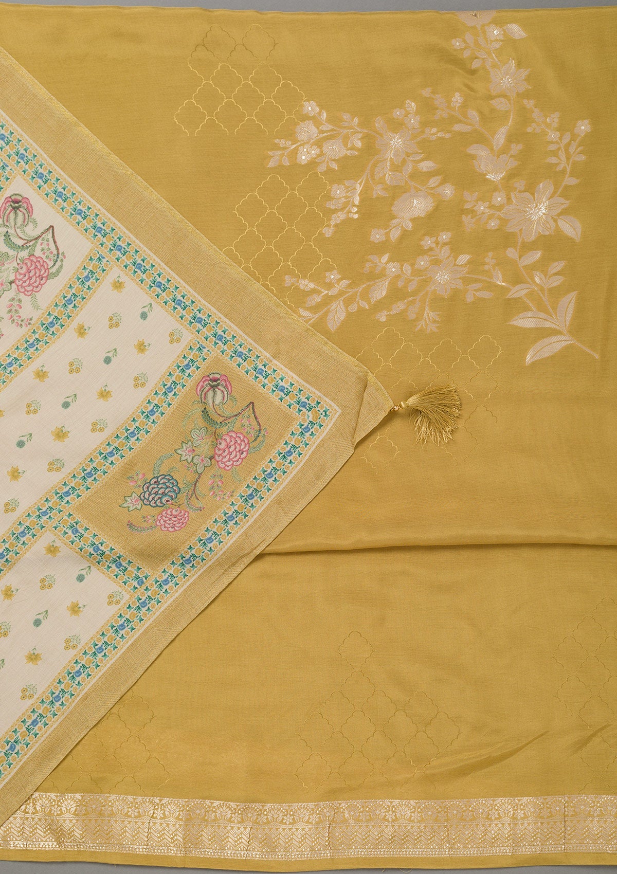 Mustard Yellow Zariwork Art Silk Unstitched Salwar Suit- koskii
