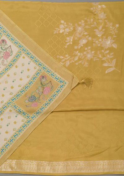 Mustard Yellow Zariwork Art Silk Unstitched Salwar Suit- koskii
